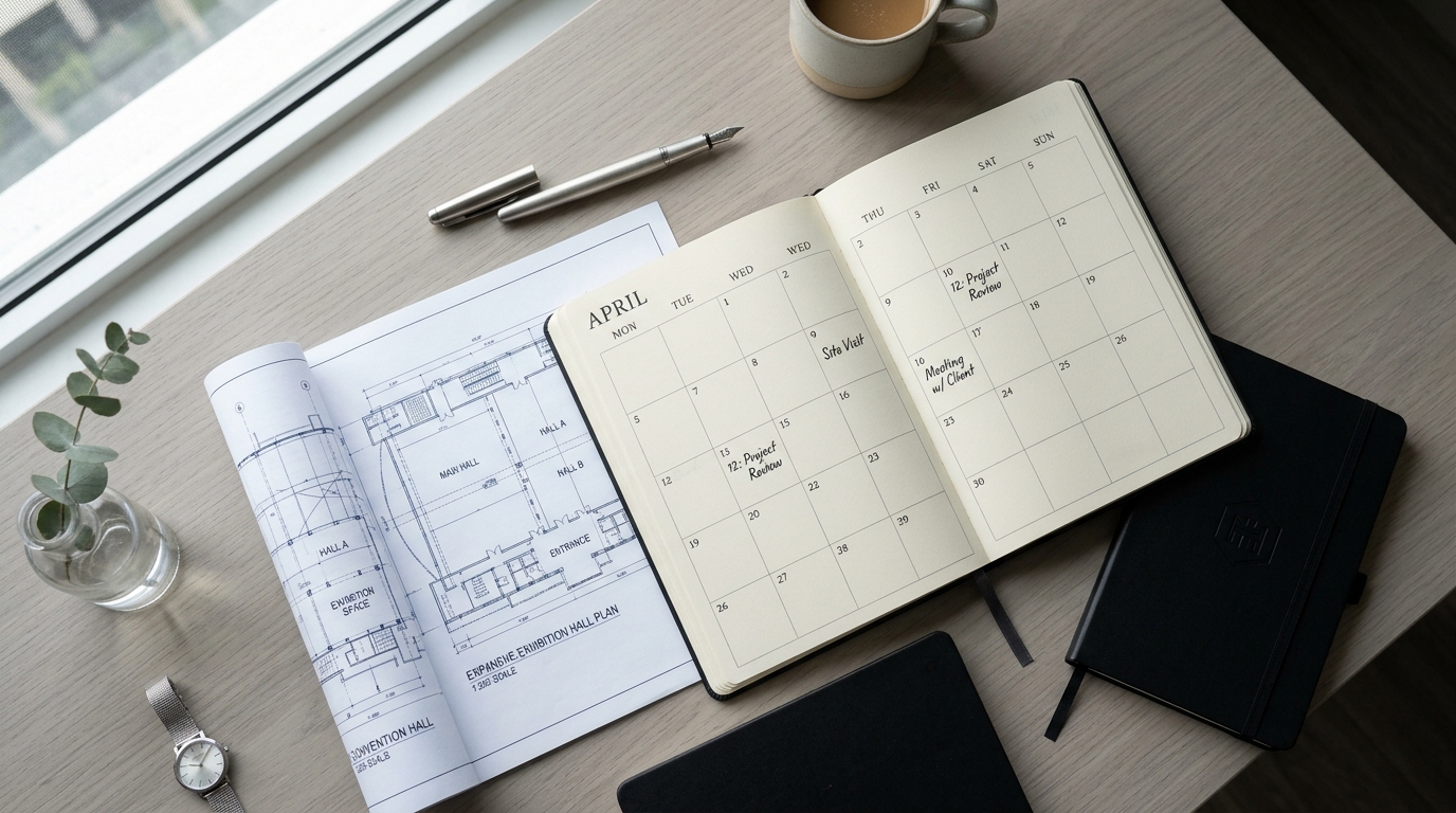 Monthly convention calendar and hall blueprint