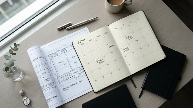 Monthly convention calendar and hall blueprint